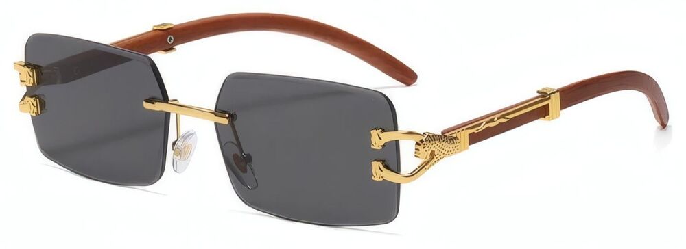 Look Rich Leopard Decor Faux Wood Gold Temple Rimless Hip Hop Black Sunglasses - Picture 3 of 4